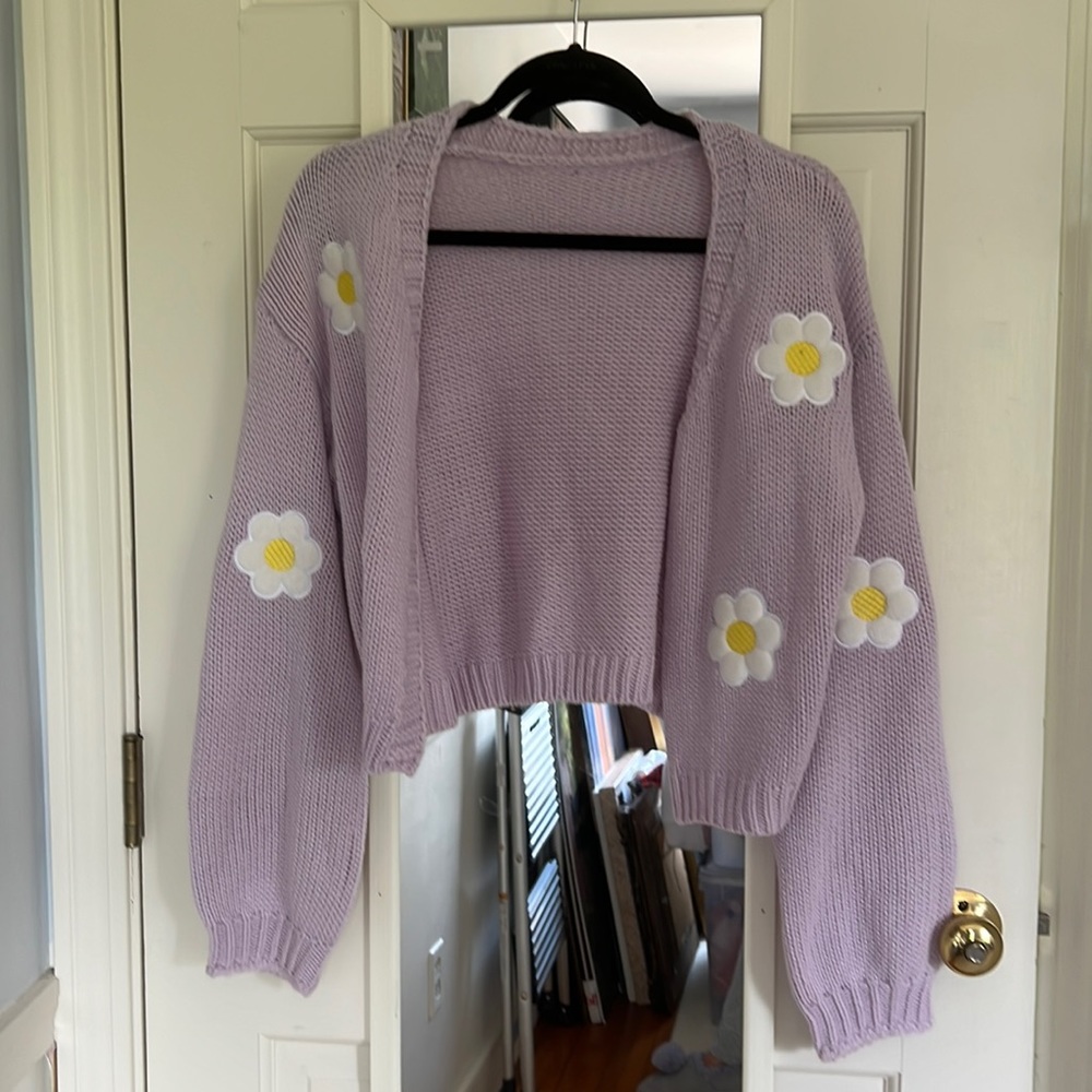 Shein purple cardigan with flower patches